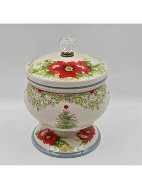 Pioneer Woman Holiday Cheer Pedestal Candy Dish Foliage Accents Red Poinsettias
